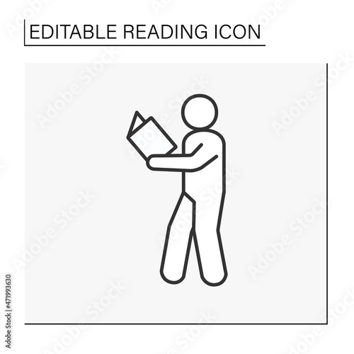 Reader line icon. Man walking in the room and reading an interesting book. Process of acquiring skills and knowledges.Reading concept. Isolated vector illustration. Editable stroke