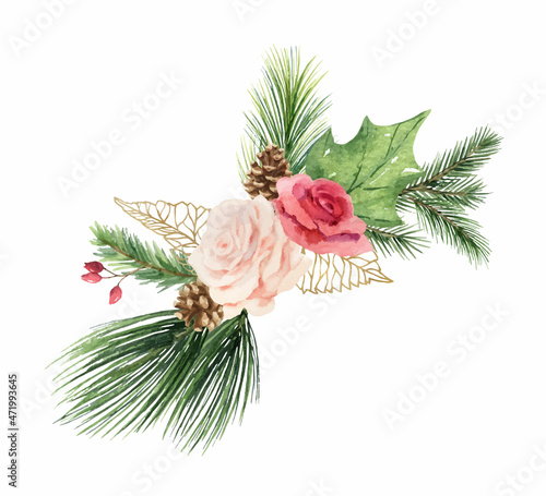 Watercolor vector Christmas bouquet with fir branches, roses and leaves.