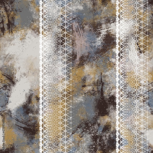 Seamless neutral tan and white distressed grungy motif surface pattern design for print. High quality illustration. Textured textile repeat print swatch. Aged gray dirty elegant abstract illustration.
