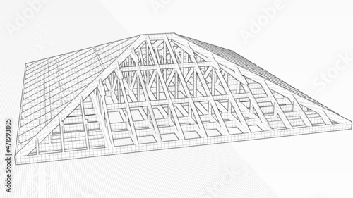  frame of the hip roof truss system with trusses black and white drawing