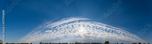 Panorama of the sky with cirrus clouds and sun beams