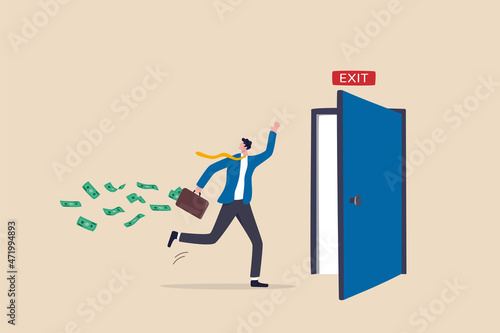 Escape or run away before market drop, market timing to sell and get profit, exit with money to avoid financial crisis concept, success businessman investor run away with his profit money to exit door