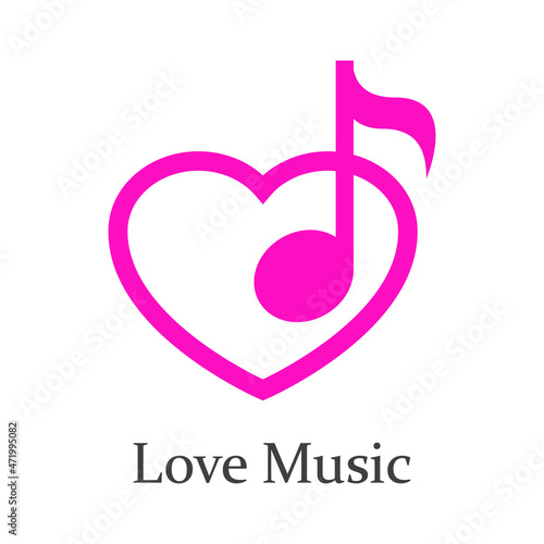 Logotipo lineal con texto Love Music con nota musical en corazón para su uso en invitaciones y tarjetas de felicitación en color rosa