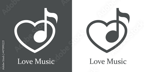 Logotipo lineal con texto Love Music con nota musical en corazón para su uso en invitaciones y tarjetas de felicitación en fondo gris y fondo blanco