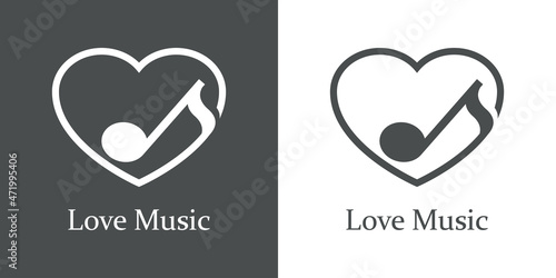 Logotipo lineal con texto Love Music con nota musical en corazón para su uso en invitaciones y tarjetas de felicitación en fondo gris y fondo blanco