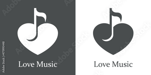Logotipo con texto Love Music con nota musical en corazón para su uso en invitaciones y tarjetas de felicitación en fondo gris y fondo blanco