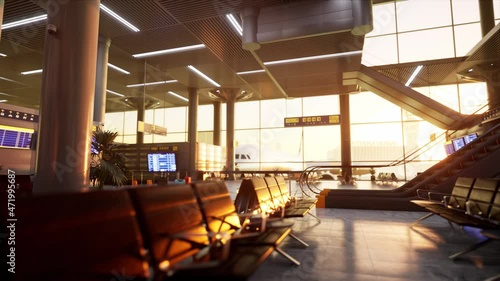 Empty airport terminal waiting hall without people in sunlight and airplane ready for boarding waiting in the gate. High quality 4k footage