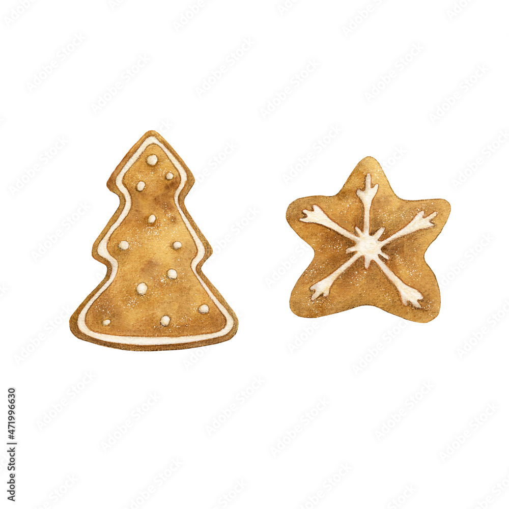 Watercolor Christmas tree and star - gingerbread cookies. Isolated on white background. Using for card, postcard. Christmas greeting card. Hand drawn. Watercolor Christmas tree and star - gingerbread cookies. Isolated on white background. Using for card, postcard. Christmas greeting card. Hand drawn.