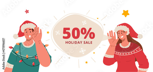 Announcing big christmas sale.Woman tells man about big winter discounts.