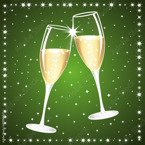 Two cups of Champagne. Toast. Event. Happy New Year or Anniversary. Green and gold vector illustration.	