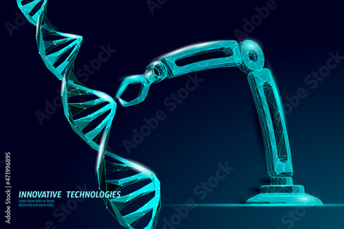 DNA 3D structure editing medicine concept. Low poly polygonal triangle gene therapy cure genetic disease. GMO engineering CRISPR Cas9 innovation modern technology science banner vector illustration