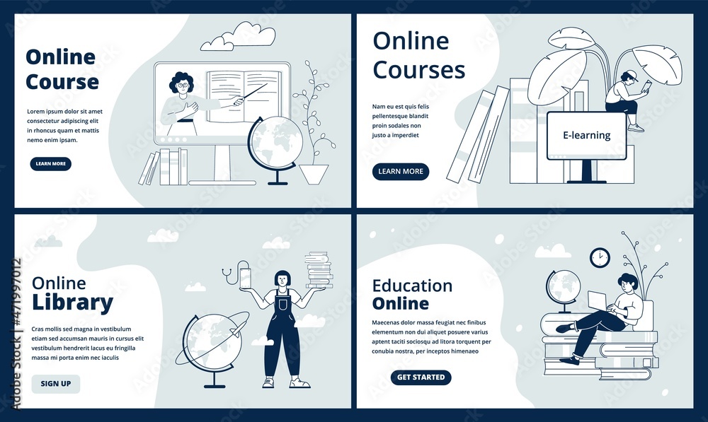 E-learning page. Learn site, web study landing pages. Internet education banners, digital courses and library. Online school, website recent vector template