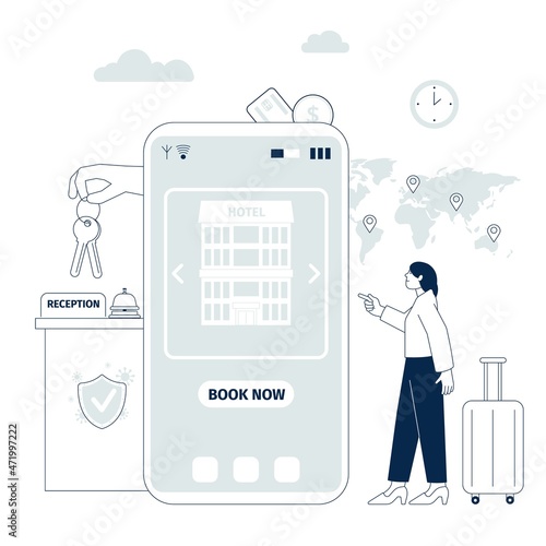 Booking hotel online. Digital booked experiences, technology lifestyle vacations. Travel and tourism, choose rent on mobile app, recent vector concept