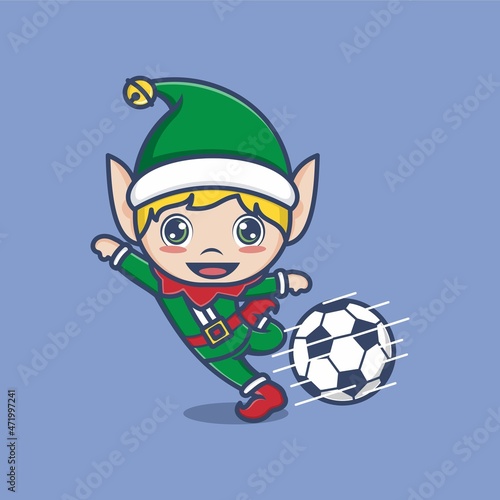 cute cartoon elf playing soccer on christmas. vector illustration for mascot logo or sticker
