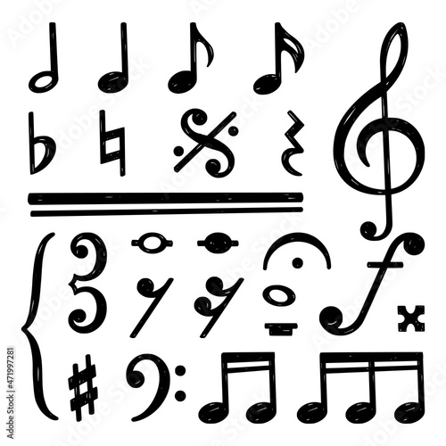 Black music notes. Doodle note, musical key or clef. Tune or song elements, sketch symphony. Isolated art drawing for play on instruments, swanky vector set