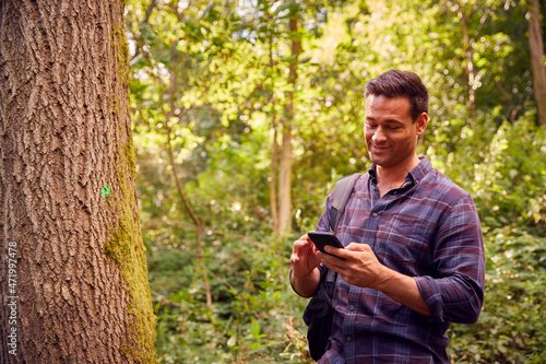 Man In Countryside Hiking Along Path Through Forest Using Map App On Mobile Phone To Navigate