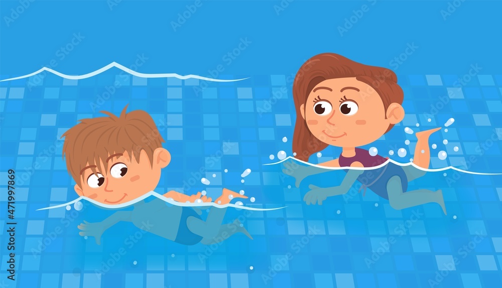 Swimming competition. Kids swim in pool, sport training. Cartoon boy ...