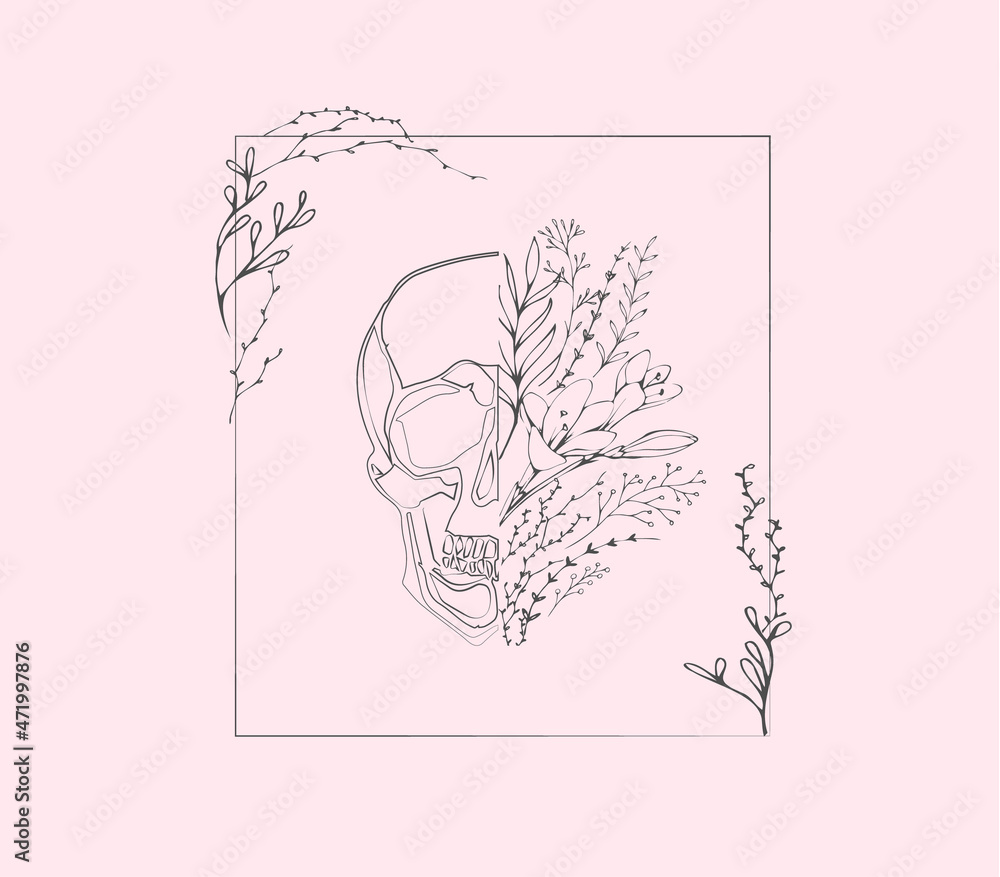 Half shape skull with branch and flowers for tattoo t-shirt print or wall art. Hand drawn wedding herb. Botanical rustic trendy greenery. Vector