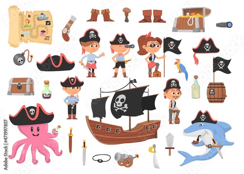 Pirate characters. Pirates ship, treasure wood chest. Isolated ocean adventures elements, funny octopus and shark. Children play in costume, decent vector kit