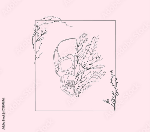 Half shape skull with branch and flowers for tattoo t-shirt print or wall art. Hand drawn wedding herb. Botanical rustic trendy greenery. Vector