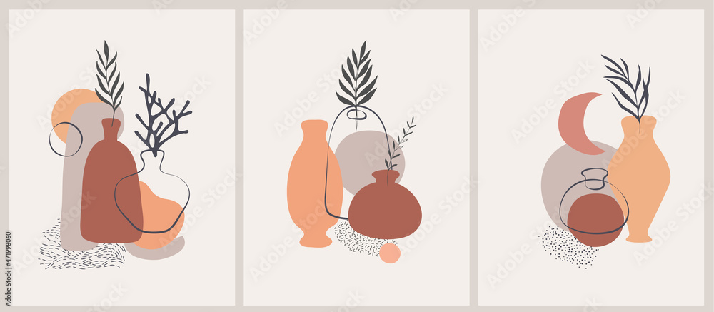 Set of Minimal trendy doodle vase with tropical leaf in organic freehand matisse art style. . Contemporary bohemian poster print. Vector