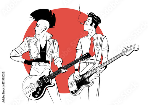 Two punks with electric guitars in sketch style on red background.