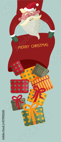 Santa Claus with many gifts. Christmas card