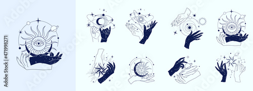 Spiritual esoteric magic logo or talisman with woman hands in silhouette style with stars, sacred geometry moon and sun. Alchemy mystic tattoo object logo template. Vector