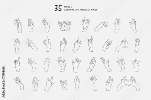 Set of Vector female beauty hands silhouette. Editable outline stroke size. Line flat contour, thin and linear design. Simple icons. Concept illustration.