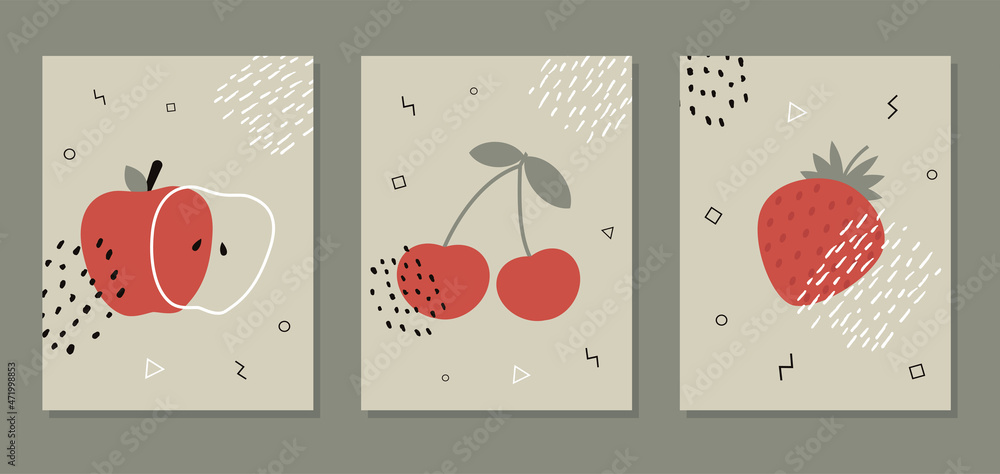 Abstract posters with red fruits. Collection of contemporary art. Abstract elements, berries for social networks, cards, prints. Memphis style cherry, apple, strawberries. Vector illustration Abstract posters with red fruits. Collection of contemporary art. Abstract elements, berries for social networks, cards, prints. Memphis style cherry, apple, strawberries. Vector illustration