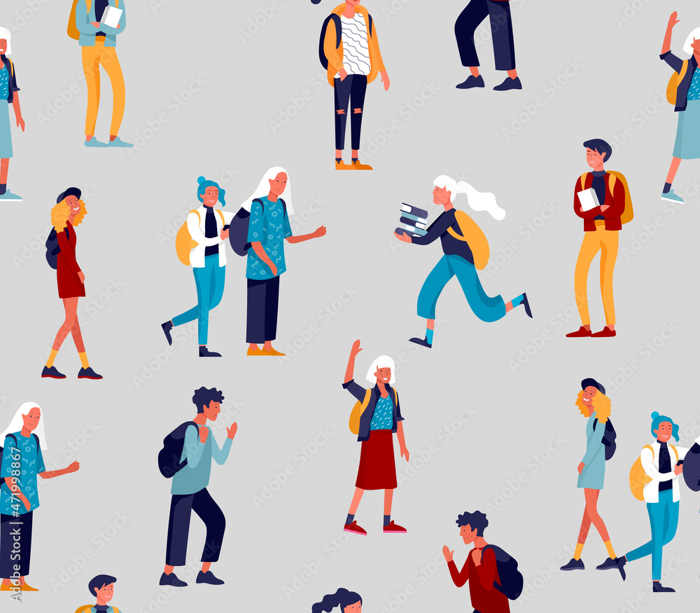Vector seamless pattern with group of friends schoolchildren character are laughing and talking. Stylish smiling boys and girls. Friendly group of go in school to study. Colorful vector Vector seamless pattern with group of friends schoolchildren character are laughing and talking. Stylish smiling boys and girls. Friendly group of go in school to study. Colorful vector