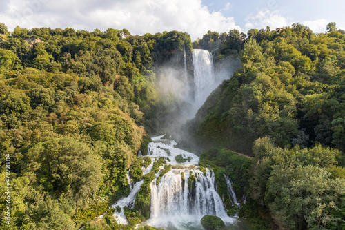 Panoramic view of the Marmore Falls  Umbria  Italy. Artificial waterfalls in Italy.