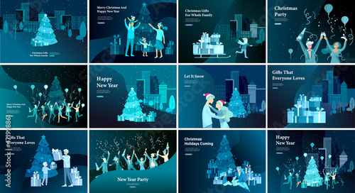 Set of Landing page template or greeting card. Friend or colleagues celebrates Merry Christmas, Happy New Year corporate party, girl to drag sleigh with lot gifts