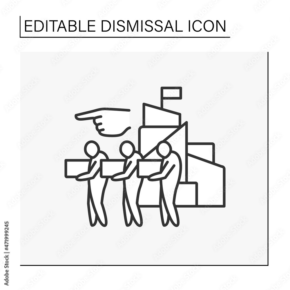Job loss line icon. Group dismissal from office. Job cuts. Unhappy workers with boxes go home. Dismissal concept. Isolated vector illustration. Editable stroke Job loss line icon. Group dismissal from office. Job cuts. Unhappy workers with boxes go home. Dismissal concept. Isolated vector illustration. Editable stroke