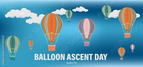 Hot air balloon ascent day. Vectorial image of balloons of different colors on blue sky background and clouds.