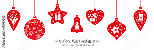 Weihnachtsgruß mit Illustration und deutschem Text - verschiedene Weihnachtskugeln mit dekorativen weihnachtlichen Motiven - rot auf weißem Hintergrund