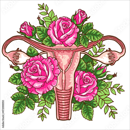 Female Reproductive System with Flowers. Feminism concept. Beautiful Floral Uterus, Vagina