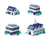 Commercial residential business buildings illustrations in dimetric isometric view in 3d cartoon style. Family house, work office and factory with solar panels. Isolated vector illustration on white.