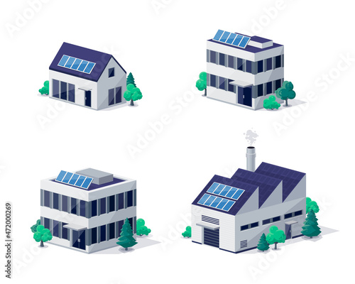Commercial residential business buildings illustrations in dimetric isometric view in 3d cartoon style. Family house, work office and factory with solar panels. Isolated vector illustration on white.