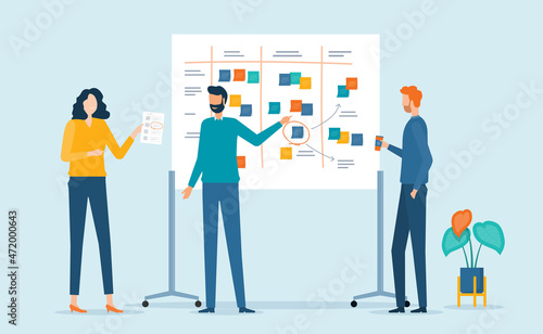 Flat vector illustration design group business people team meeting talking brainstorming for Business marketing planning concept with color sticky note on whiteboard. set cartoon character design.