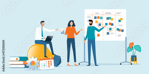 Flat vector illustration design group business people team meeting talking brainstorming for Business marketing planning concept with color sticky note on whiteboard. set cartoon character design.