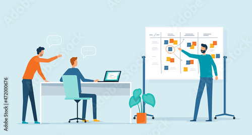 Flat vector illustration design group business people team meeting talking brainstorming for Business marketing planning concept. Businessman sitting at desk working with laptop. 