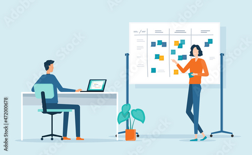 Flat vector illustration design group business people team meeting talking brainstorming for Business marketing planning concept. Businessman sitting at desk working with laptop. 