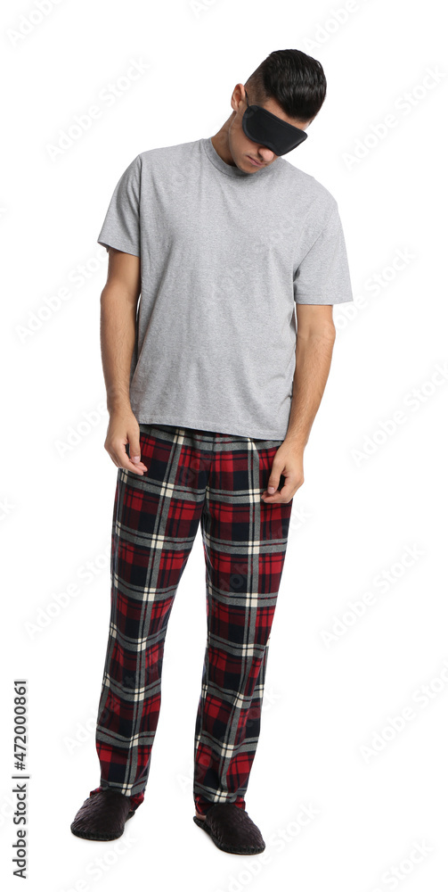 Somnambulist with blindfold on white background. Sleepwalking Somnambulist with blindfold on white background. Sleepwalking
