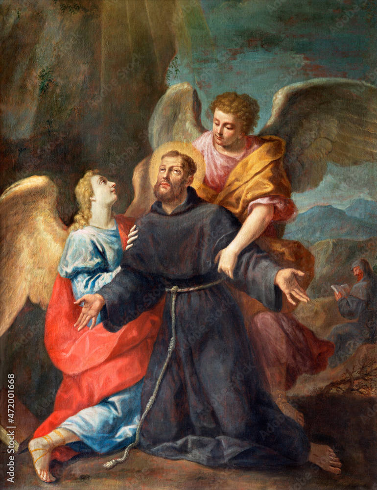 FERRARA, ITALY - NOVEMBER 9, 2021: The painting of Stigmatisation of St. Francis of Assisi in church Chiesa di San Francesco by G. Mazonni (1673 - 1767).