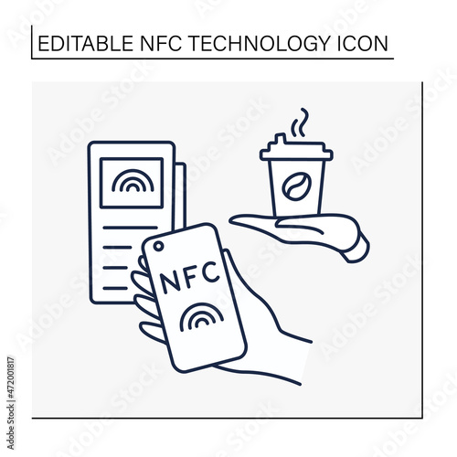 NFC technology line icon. Contactless payment.Banking terminal for buying coffee. Contactless payment concept. Isolated vector illustration. Editable stroke