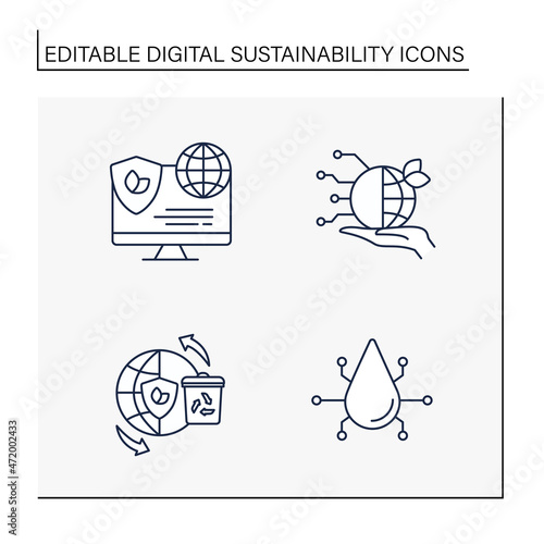 Digital sustainability line icons set. Modern technology. Global environment protection. Ecology concept. Isolated vector illustrations.Editable stroke