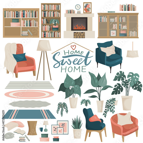 Living room construction set A cartoon illustration in a flat style with a boho-style color palette. Scandinavian interior.