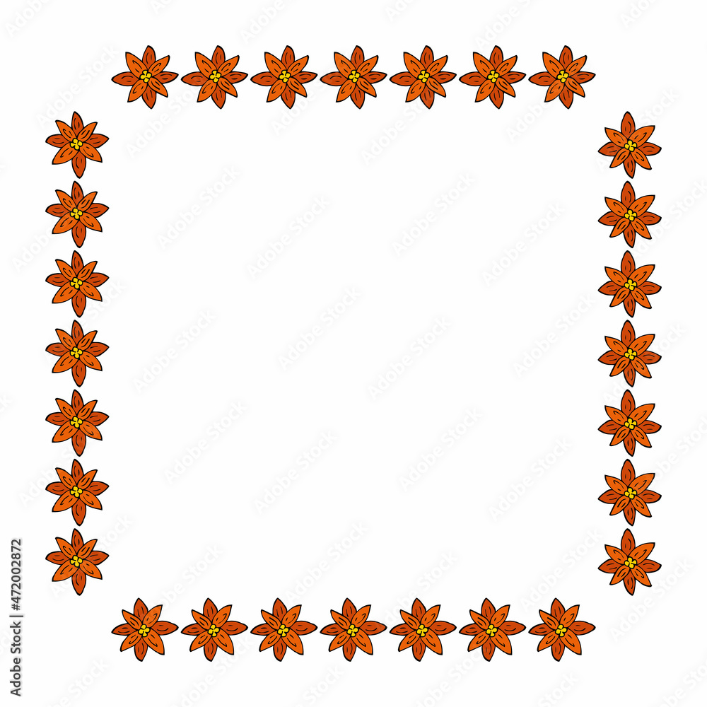 Square frame with bright orange flowers on white background. Vector image. Square frame with bright orange flowers on white background. Vector image.