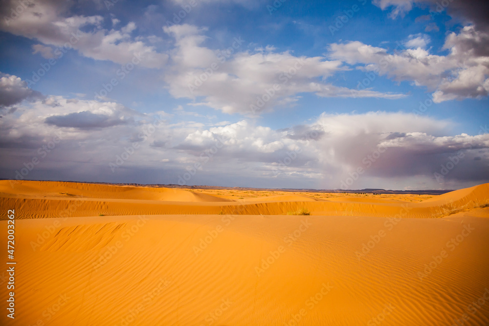 Dry landscape and dunes in the Sahara desert, Morocco